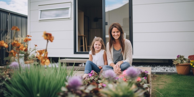 Mutter und Tochter verbringen Zeit im Garten ihres Hauses Generative KI