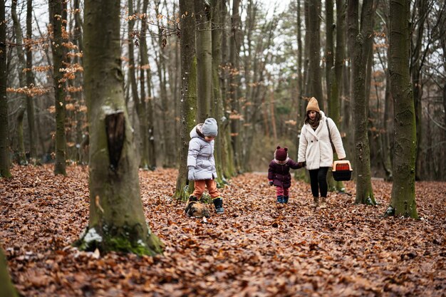 Mutter und Töchter, die mit der Katze spazieren gehen, reisen Plastikkäfigwagen im Freien am Holz