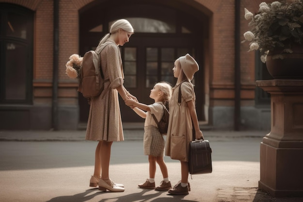 Mutter verabschiedet sich von Kindern, die zur Schule gehen. Erstellt mit generativer KI-Technologie