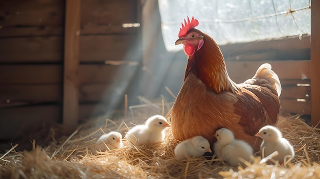 Mutterhühner mit Küken, die sich im Sonnenlicht in einem rustikalen Holzstall baden, eine warme, friedliche Farmszene, die perfekt für die Landwirtschaft ist.