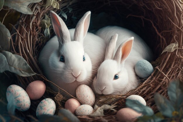 Mutterkaninchen mit ihrem baby, das im korb mit ostereiern sitzt, die in pastellfarben gemalt werden