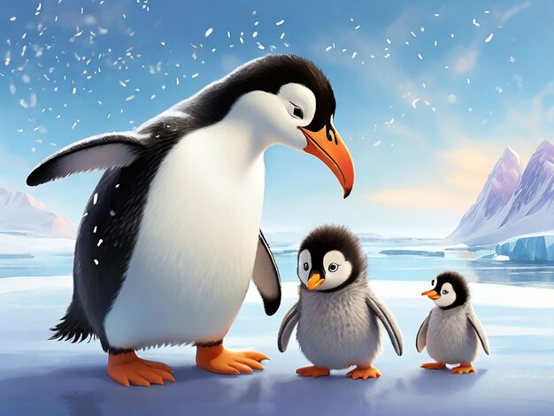 Muttertag-Bild Polarpinguin-Familie mit Sonnenschein Generative KI