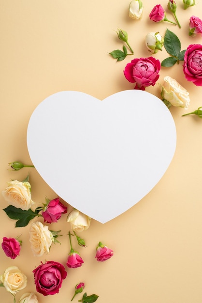 Muttertag-Liebeskonzept Oberste vertikale Ansicht des Herzbanners mit Kopierraum für Werbung oder Branding und wunderschönen rosa Rosen auf einem pastellbeigen Hintergrund