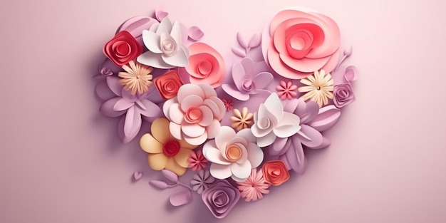 Muttertag Muttertag oder Frauentag oder Valentinstag herzförmige Blumenkomposition mit Kopierraum auf pastellfarbenem Hintergrund 3D-Stil Generative Ai