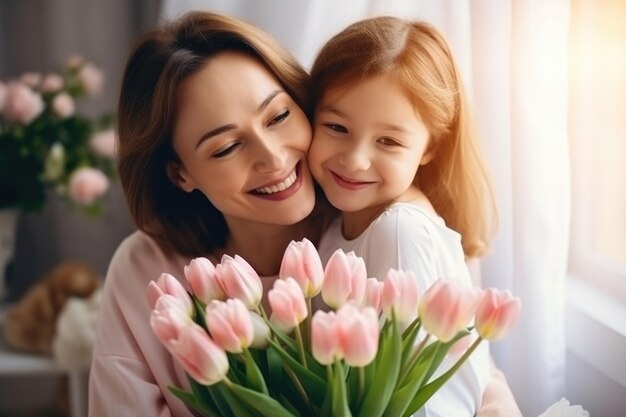 Muttertagfeier mit der Tochter, die Blumen schenkt