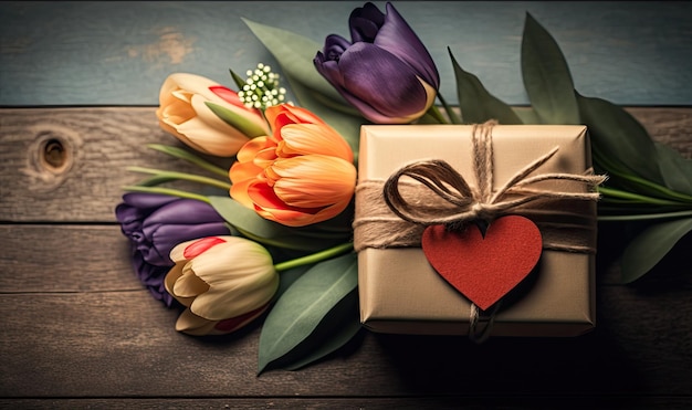 Muttertags-Design-Konzept-Hintergrund mit Geschenkbox-Herz und Blumen