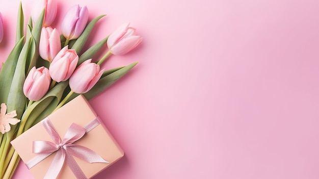 Muttertagskonzept Draufsicht flaches Lay-Foto von Geschenkboxen und Blumen Generative KI