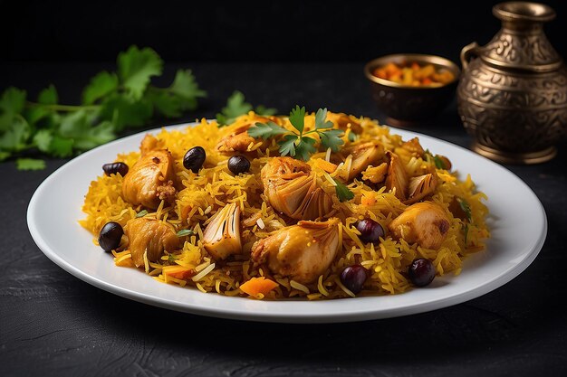 Foto mutton biriyani en un plato blanco sobre un fondo negro imagen de calidad hd