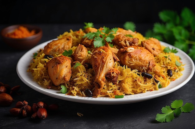 Foto mutton biriyani en un plato blanco sobre un fondo negro imagen de calidad hd