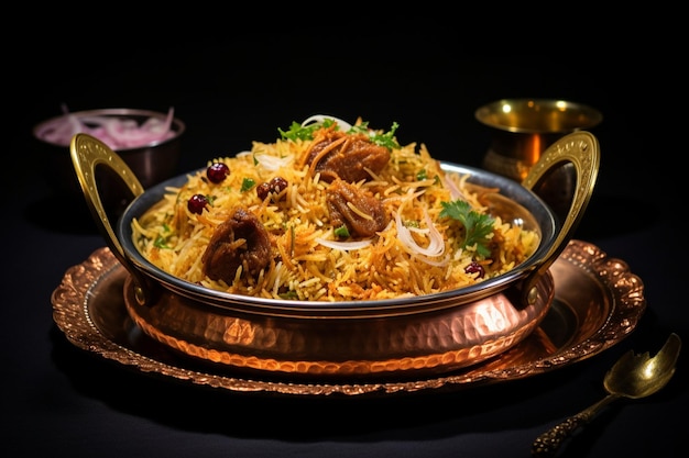 Foto mutton biryani servido em um prato dourado isolado em fundo escuro vista lateral comida indiana