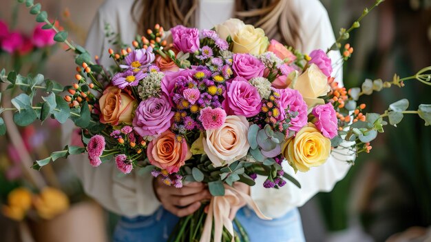 Foto muy agradable mujer joven sosteniendo un gran y hermoso ramo de rosas frescas, claveles, flores de eucalipto genista en colores amarillo, rosa y púrpura, ramo de fotos recortadas de cerca