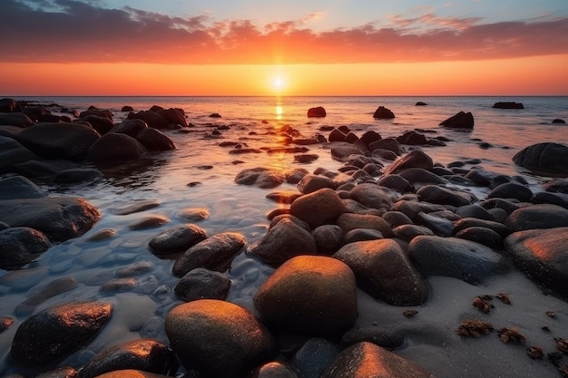 Muy bonita puesta de sol en una playa con muchas rocas.