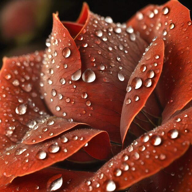 Muy de cerca cae en la parte superior de las hojas de una rosa roja