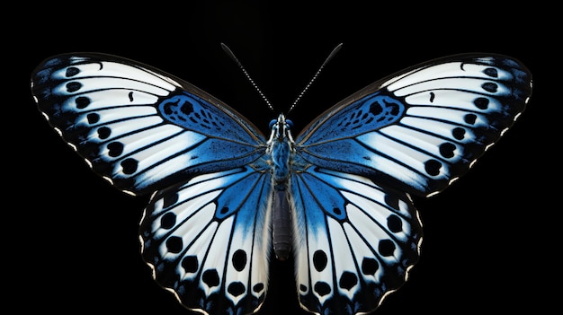 Muy hermosa mariposa azul blanca con las alas extendidas