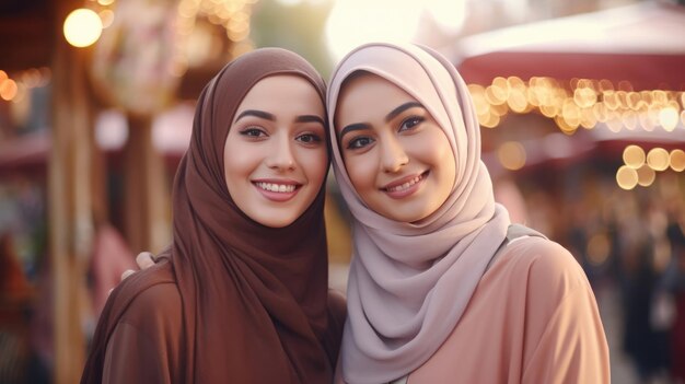 Muy hermosa muy atractiva joven musulmana asiática con hijab mirando a la cámara posando en un mercado de una ciudad árabe