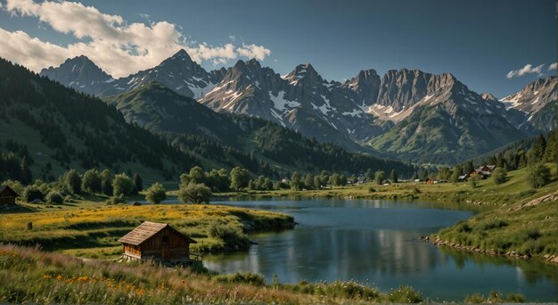 Foto muy hermoso lago de montaña en las verdes montañas