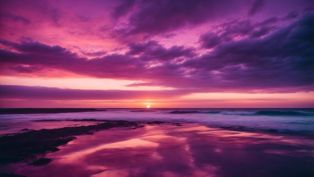 Muy hermoso paisaje marino natural atmosférico de pantalla ancha de puesta de sol con cielo texturizado en tonos púrpuras