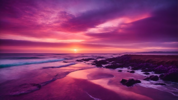 Muy hermoso paisaje marino natural atmosférico de pantalla ancha de puesta de sol con cielo texturizado en tonos púrpuras