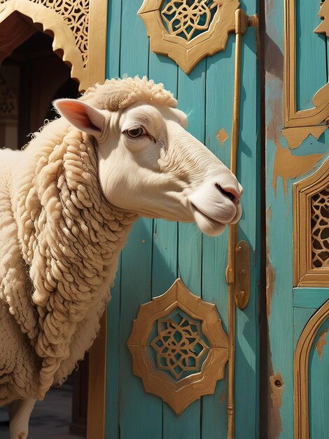 Foto muy linda oveja cabra y mezquita para eventos islámicos como eid ul adha