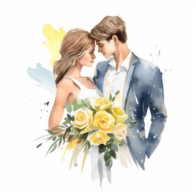 Muy lindo boda ilustraciones clipart rosas ramo recién casados sobre un fondo blanco