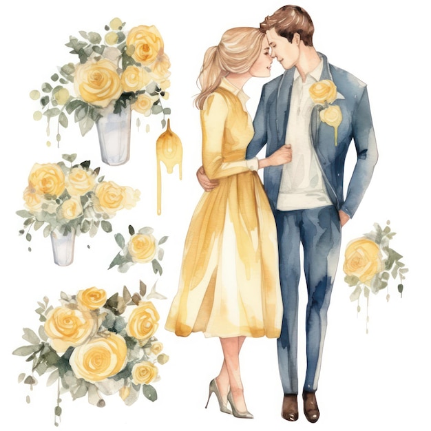 Muy lindo boda ilustraciones clipart rosas ramo recién casados sobre un fondo blanco