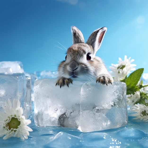 muy lindo conejo con cubitos de hielo