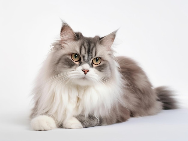 Muy lindo joven gato bicolor sentado derecho feliz lindo gato en fondo blanco mirando molesto t