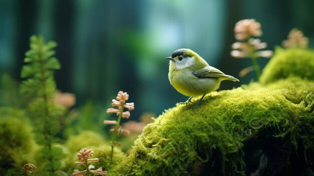 Muy lindo pequeño pájaro trébol bosque musgo alto Ai generado arte