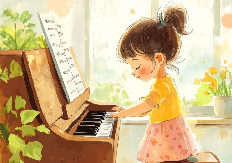 muy pequeña niña de pie tocando el piano color dibujo estilo de dibujos animados ar 9970 v 61 ID de trabajo e8db5b41