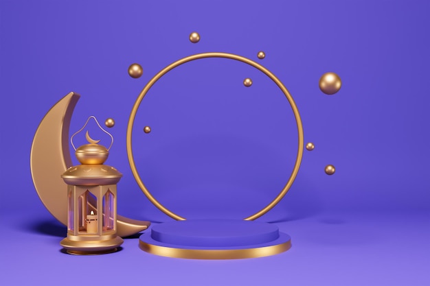 Muy Peri podio Linterna de Ramadán Crescent Gold circle y Flying Gold Cannonballs 3D Rendering