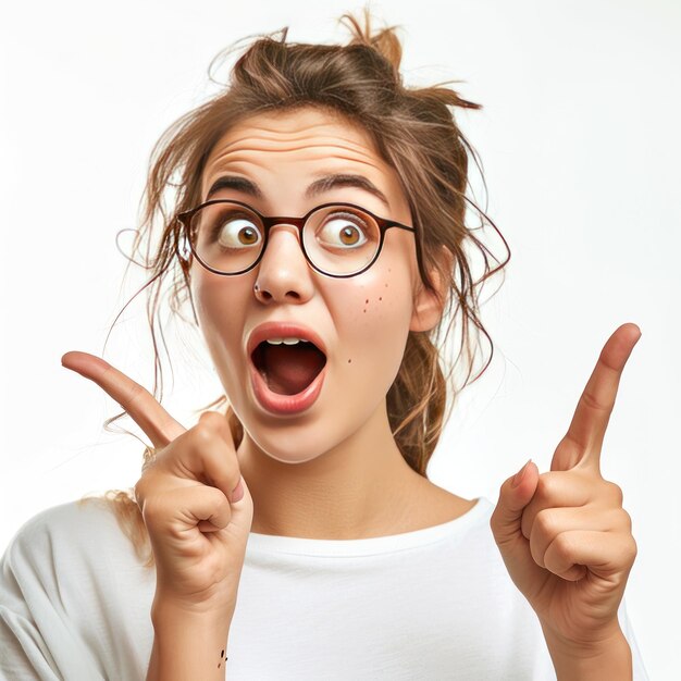 Foto muy sorprendido alegre joven mujer señalando ai generativa