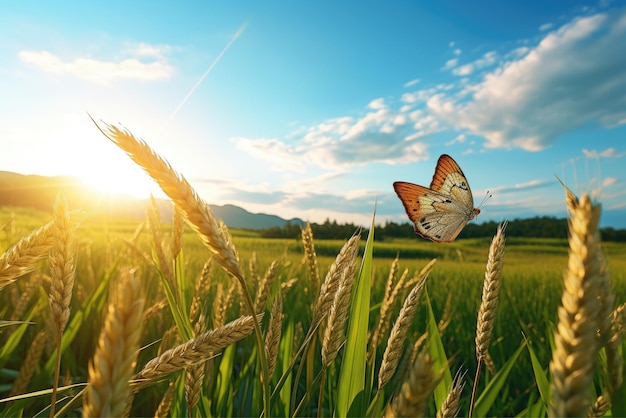 Muy temprano en la mañana, una hermosa vista de las orejas de arroz en un arrozal y Guest On Paddy Field AI Generative