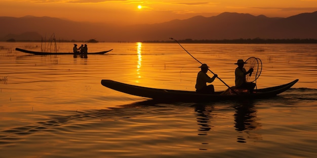 Myanmar Inle gente pescando al atardecer