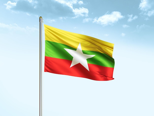 Myanmar Nationalflagge weht im blauen Himmel mit Wolken Myanmar Flagge 3D-Darstellung