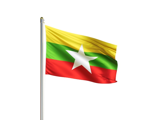 Myanmar Nationalflagge weht in isoliertem weißem Hintergrund Myanmar Flagge 3D-Darstellung