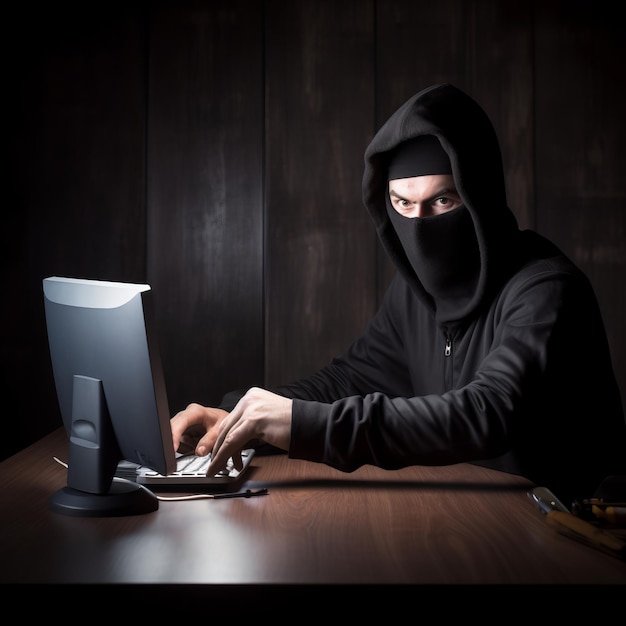 Mysteriöse Figur in einer Kapuze, die auf einem Computer einen Hacker darstellt