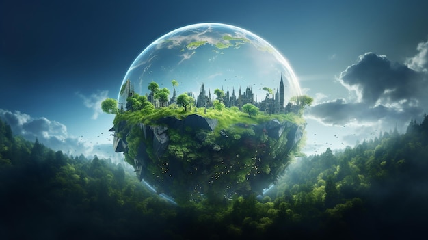 Mysteriöse Glasansicht eines neuen grünen Planeten mit Wald um den Planeten Land Konzept der Erhaltung des Ökosystems mit der Natur