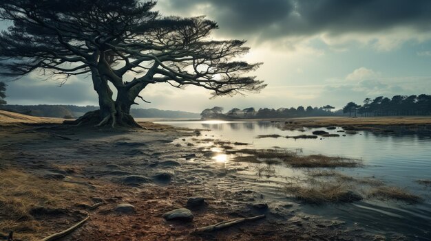 Mysteriöse Lagune in Yorkshire Atmosphärischer Baum am Fluss