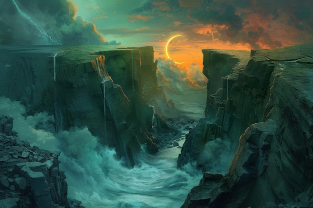 Mysteriöse Meereslandschaft mit hohen Klippen und leuchtendem Halbmond