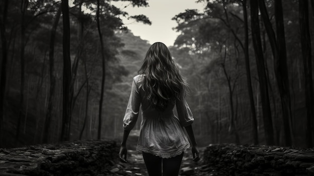 Mysteriöse Reise Eine einsame Frau erkundet einen monochromatischen Waldweg
