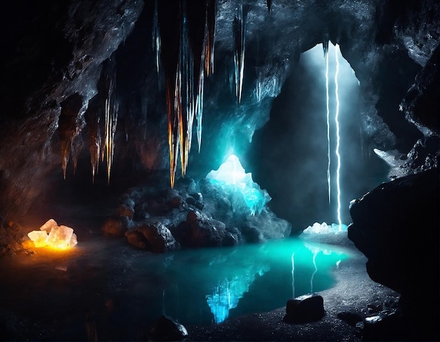 Foto mysteriöse unterirdische höhle mit glühenden kristallen und flussdunkler unterirdischer landschaft