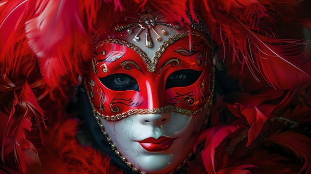 Mysteriöse venezianische Maskerade Maske umgeben von Federn lebendige rote und goldene Karnevalsmaske rätselhafte und festliche Atmosphäre erfasst KI