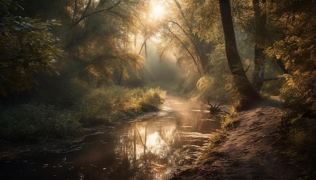 Mysteriöser Herbstwald, nebliger Pfad, gruselige Schönheit, die von KI erzeugt wird