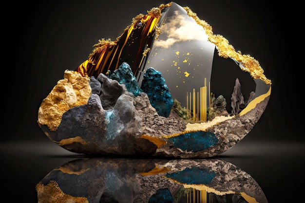 Mysteriöser irdischer Stein mit goldenen Reflexen und Mineralkristallen