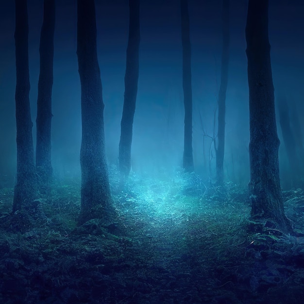 Mysteriöser leuchtend blauer Pfad in dunklem Zauberwald bei Nacht Digitale 3D-Illustration im Quadratformat