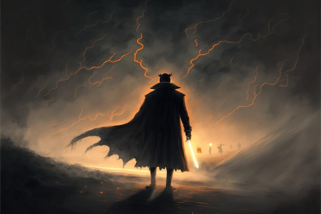 Mysteriöser Mann in einem Trenchcoat mit einem Monsterarm, der gegen die brennende Nacht im digitalen Kunststil steht, Illustrationsmalerei Fantasy-Konzept eines Mannes in der Nähe des Monsters