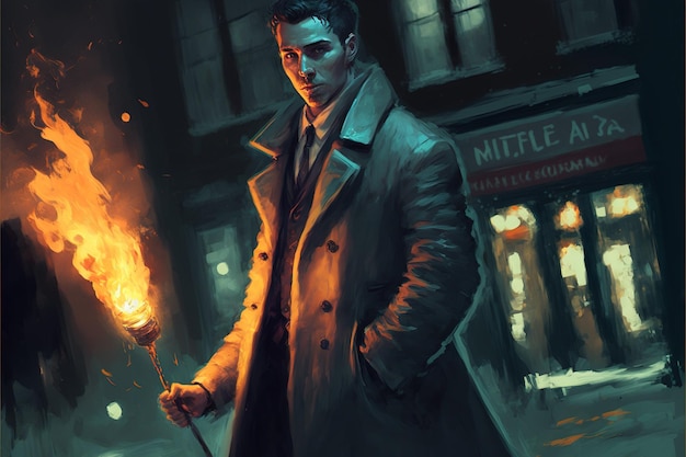 Mysteriöser Mann in einem Trenchcoat mit einem Monsterarm, der gegen die brennende Nacht im digitalen Kunststil steht, Illustrationsmalerei Fantasy-Konzept eines Mannes in der Nähe des Monsters