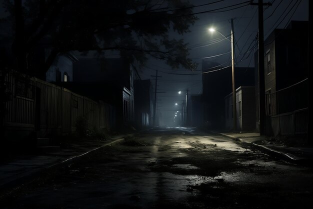 Mysterious calle oscura por la noche con niebla y luna llena