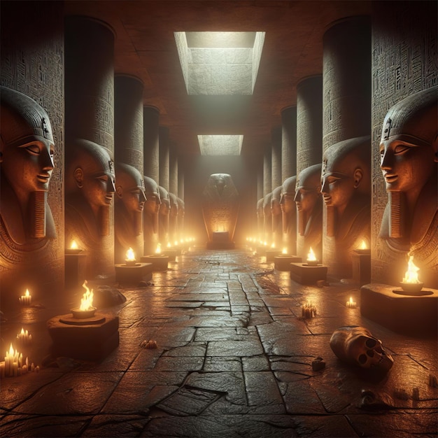 Foto mysterious corredor dentro de una pirámide en el antiguo egipto iluminado por antorchas encendidas