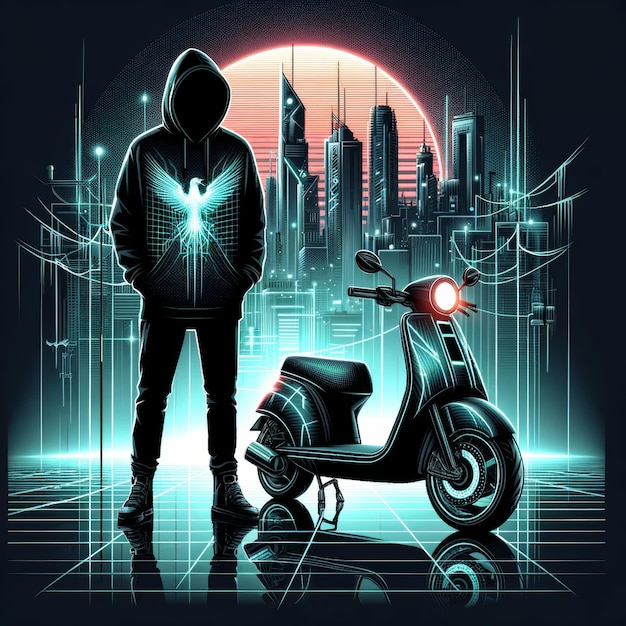 Mysterious Cyberpunk Sunset com a silhueta de uma scooter